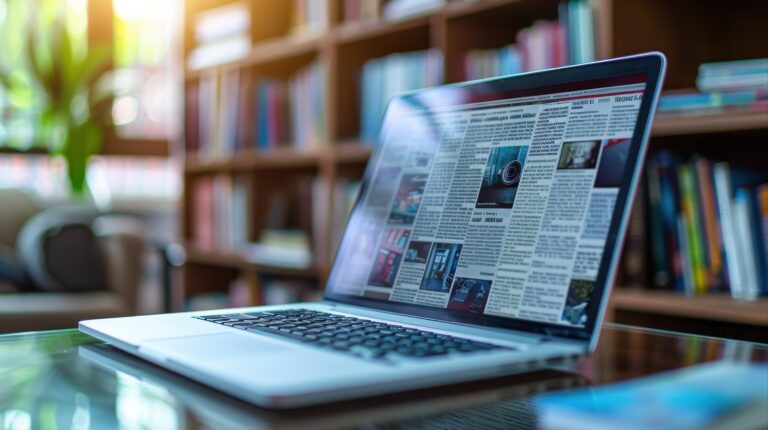 Watching news online on laptop with mobile newspaper technology