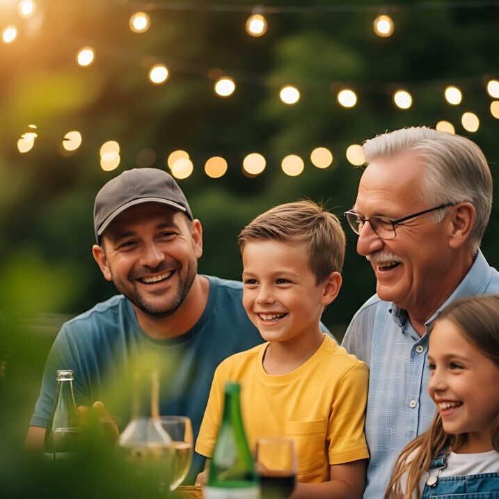 Multi generational family enjoying a warm summer evening outdoors under string lights